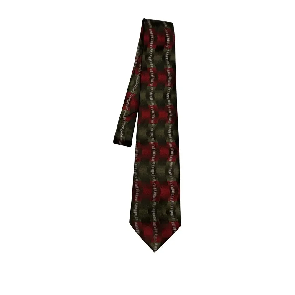 Carlos Devenezia Mens Necktie 59”L 4”W Handmade Geometric Red Olive Green Tie